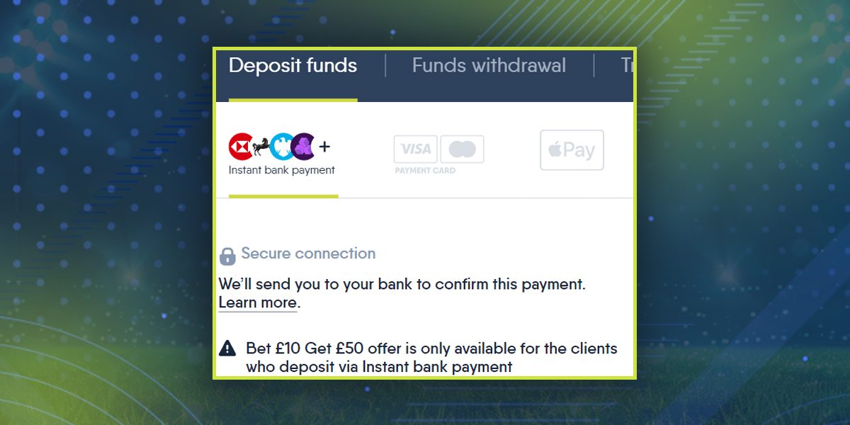 Deposit section on the CopyBet website